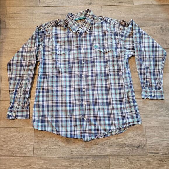 Cinch Men's Medium Western Long Sleeve Teal Plaid Button Down Long Sleeve Shirt - Picture 1 of 11